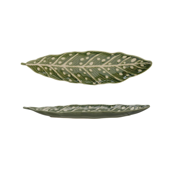 Stoneware Leaf Shaped Plate - Merry PigletsCreative Co-Op
