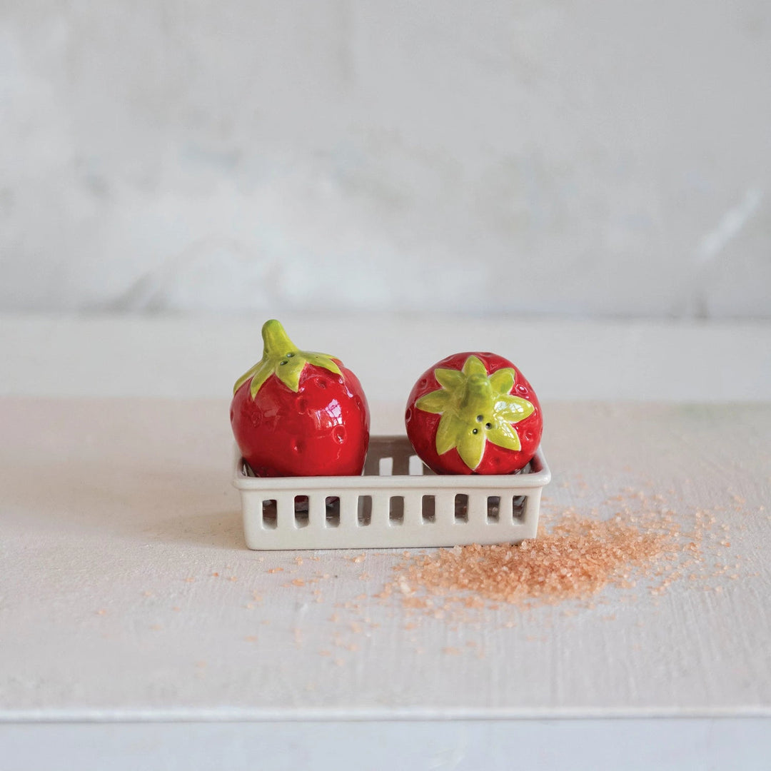Strawberry Salt + Pepper Shaker Set - Merry PigletsCreative Co - Op