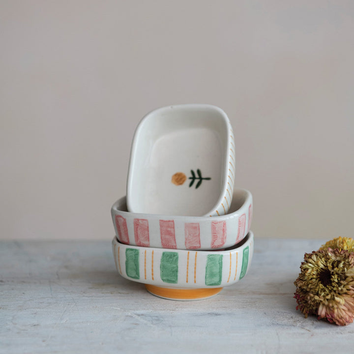 Stripes + Flower Petite Dish - Merry PigletsCreative Co - Op