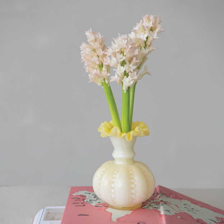 Yellow + White Ruffled Glass Vase