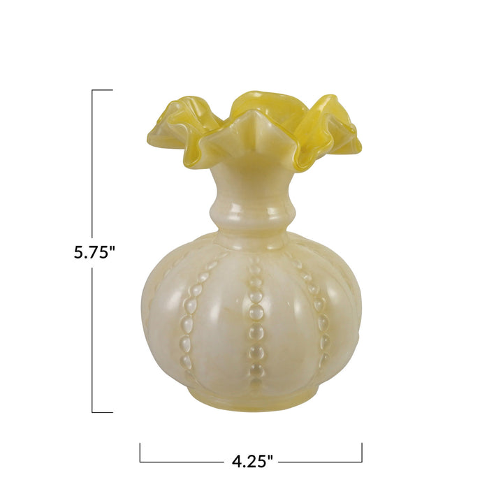 Yellow + White Ruffled Glass Vase