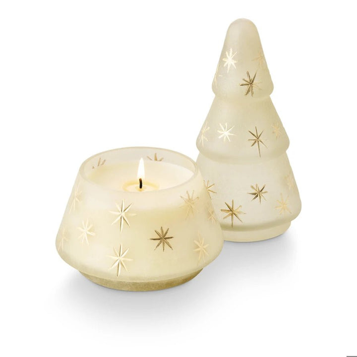 Winter White Frosted Star Glass Tree Candle - Merry PigletsIllume