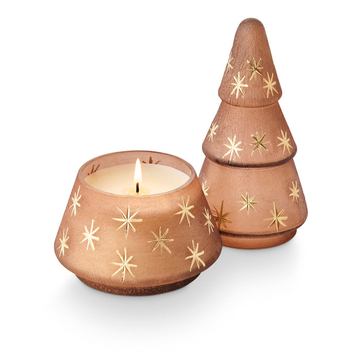 Woodfire Frosted Star Glass Tree Candle - Merry PigletsIllume