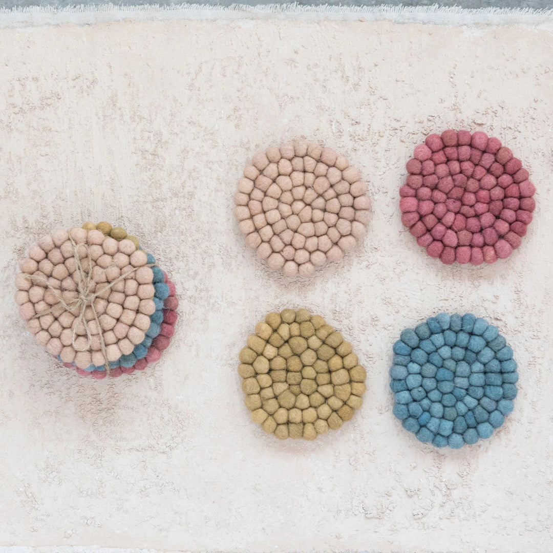 Wool Felt Ball Coaster Set - Merry PigletsCreative Co - Op