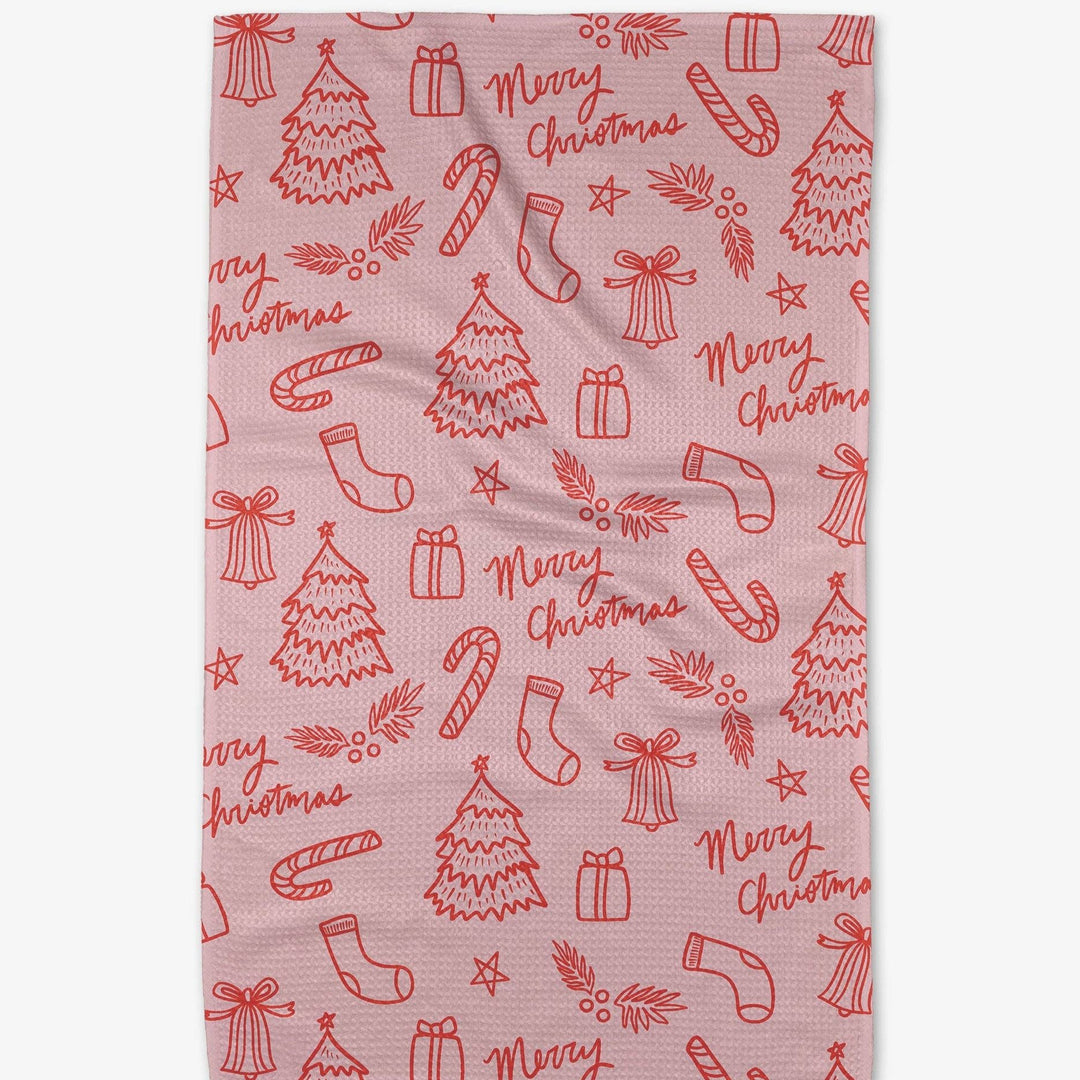 Cheery Pink Christmas Tea Towel - Merry Piglets