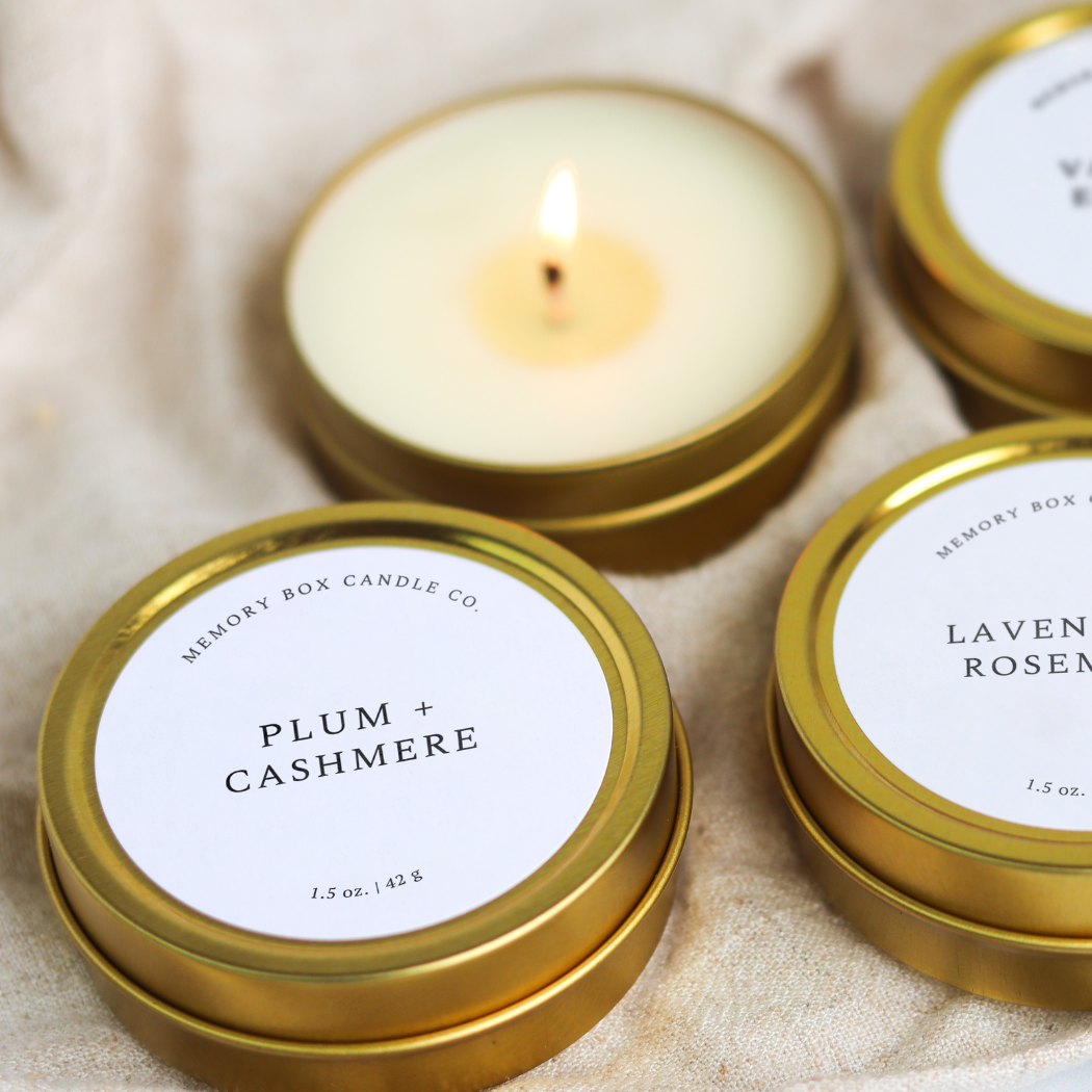 Plum + Cashmere - Mini Tin Soy Candle - Merry Piglets