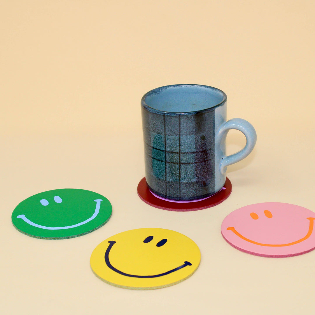 Happy Face Leather Coasters - Set of 4 - Merry Piglets