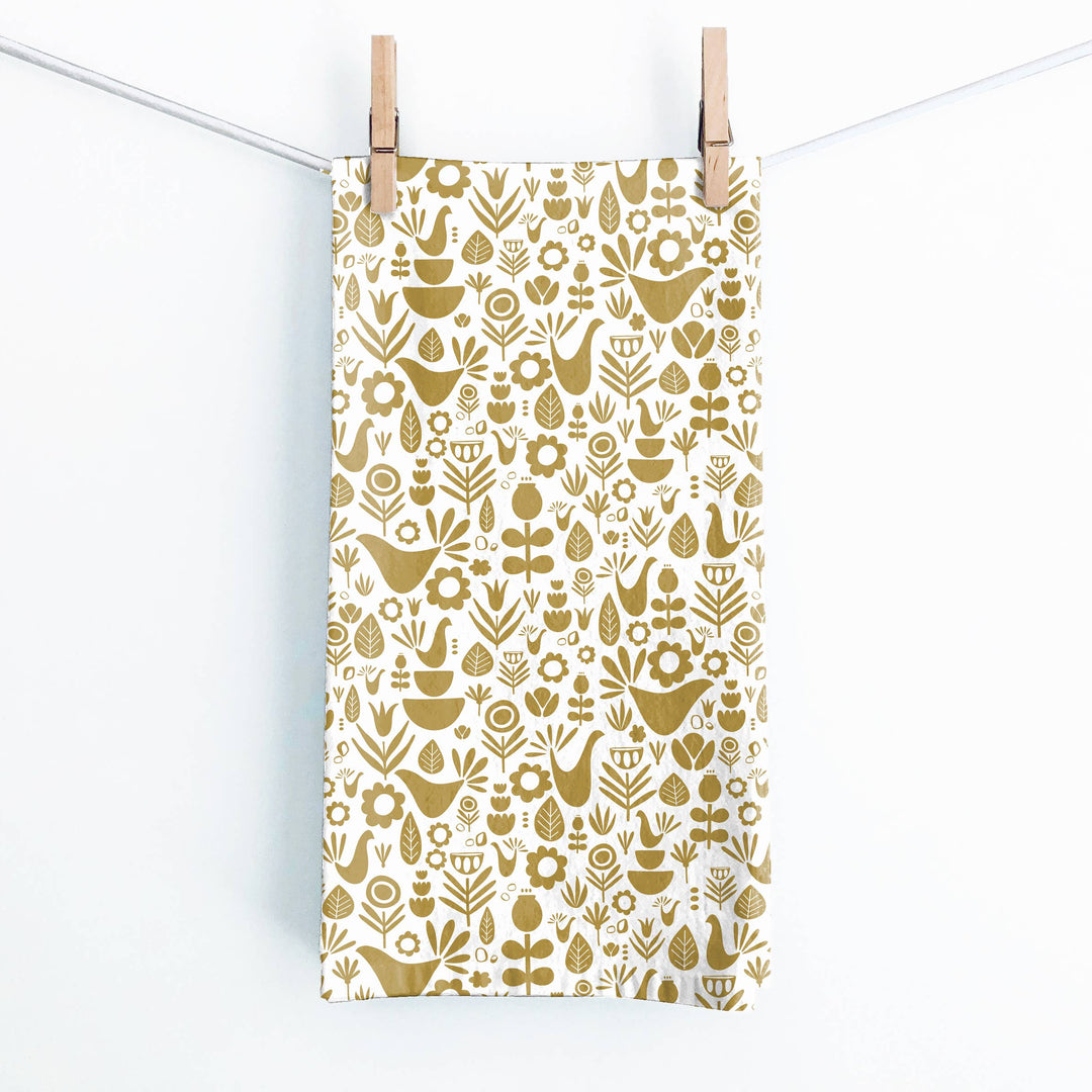 Scandi Folk Gold Tea Towel - Merry Piglets