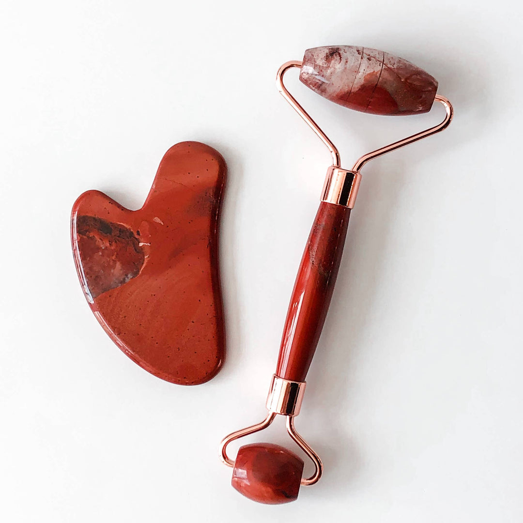 Red Jasper Gemstone Roller + Gua Sha Facial Massage Set - Merry Piglets