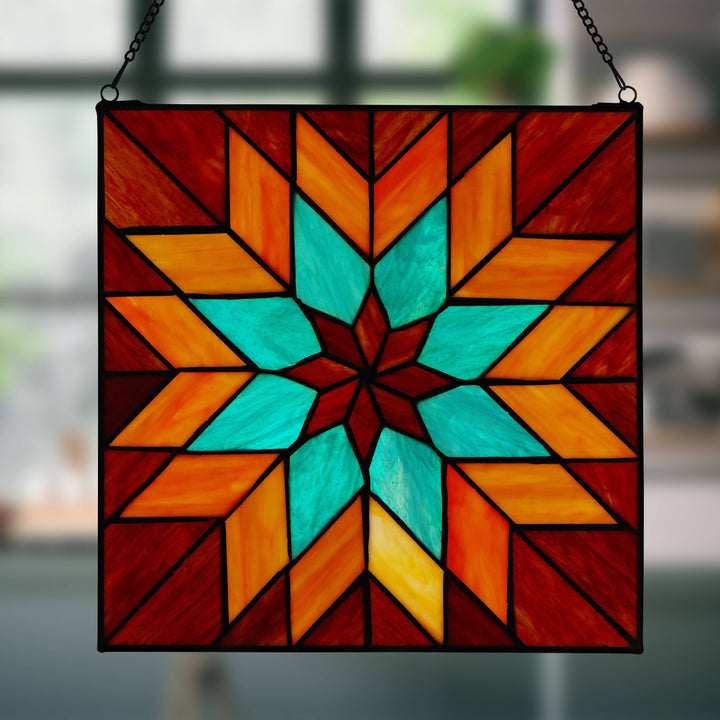 Red & Teal Quilt Square Stained Glass - Merry Piglets